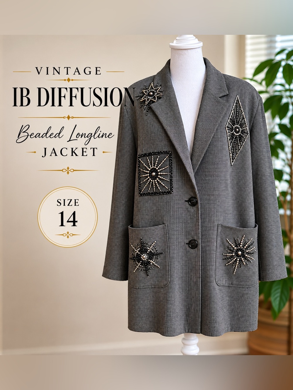 Vintage IB Diffusion Beaded Starburst Longline Blazer - Gray Size 14